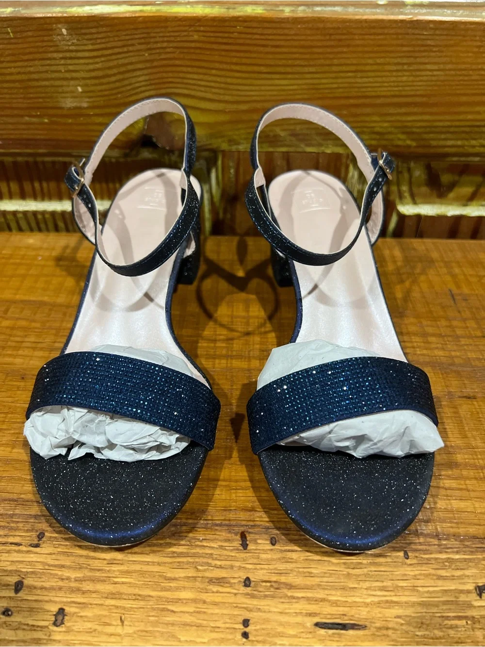 Sparkle Navy Ankle-Strap Block Heel Sandals